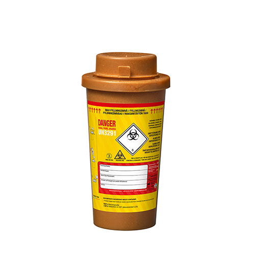 A sharps disposal bin